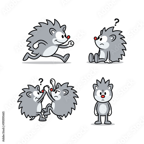 Cartoon hedgehogs interacting with confused expressions in various poses