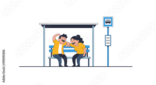 Two people sitting together at a bus stop shelter.