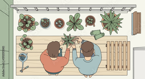 Couple gardening together on a wooden deck with plants and gardening tools.