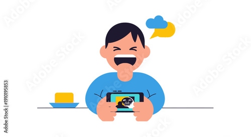 Man enthusiastically playing a game on his smartphone with a cup of coffee beside him.