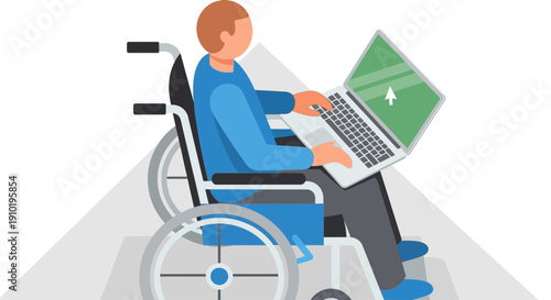 Man in wheelchair using laptop on gray ramp.
