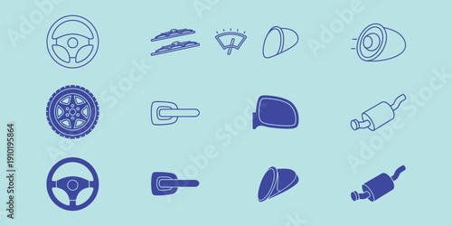 Car parts in purple on light blue background vehicle steering wheel windshield wipers