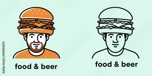 Cartoon men with burgers on their heads and food and beer text