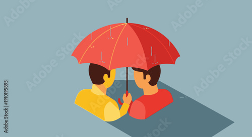 Couple Sharing Red Umbrella on Rainy Day Illustration.