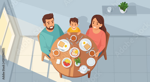 Family having a meal together at a dining table.