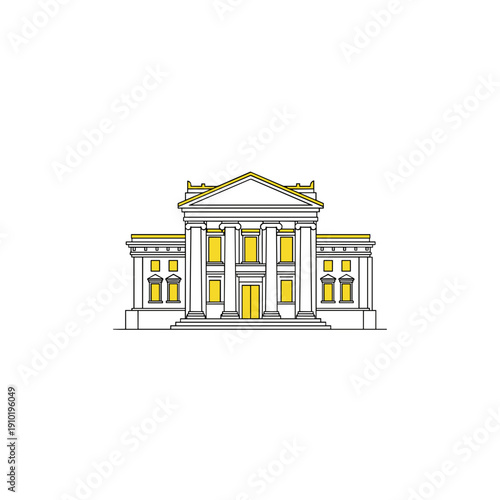 Classic bank building facade with elegant columns and yellow accents  
