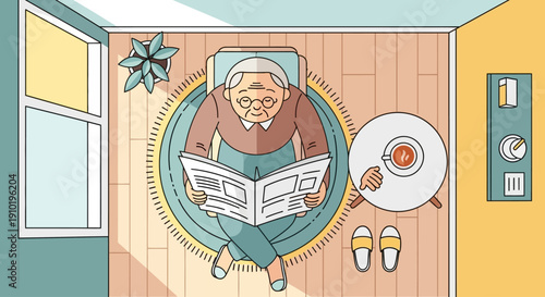 Elderly woman reading a newspaper in a cozy bathroom setting.