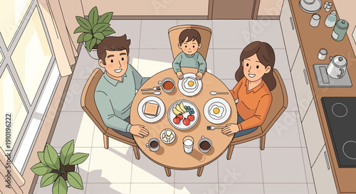Family having a meal together in a cozy kitchen setting.