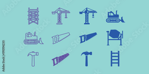 Construction in purple and blue on teal background