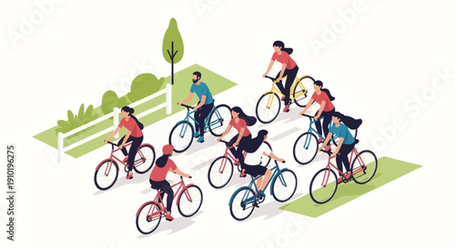 Group of Cyclists Riding Together in a Park.