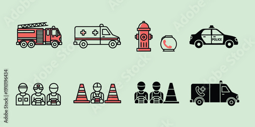 Emergency vehicles and workers with traffic cones and hydrant fire truck ambulance police car