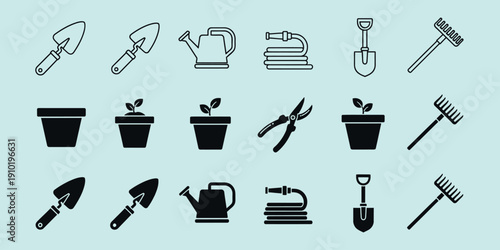Gardening tools and plant pots on light blue background trowel watering can hose