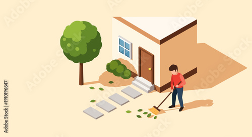 Person Sweeping Leaves Outside a House with a Broom.