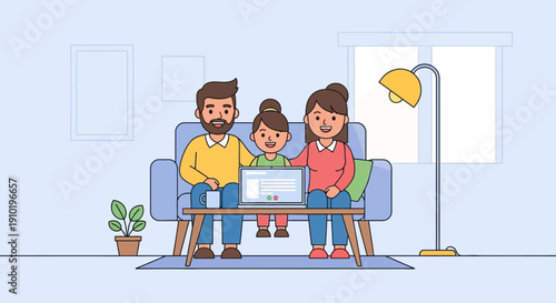 Family sitting on a couch together using a laptop.