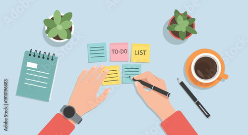 Person organizing tasks with to-do list and stationery on desk.