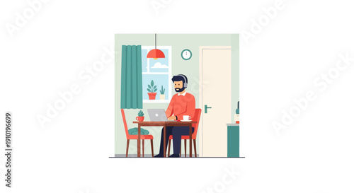 Man working on laptop at home office desk with red chair and lamp.