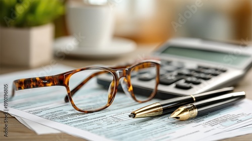 Calculator and tax forms on a desk, glasses and pen, tax return preparation concept, accounting and audit 