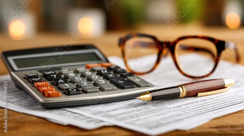 Calculator and tax forms on a desk, glasses and pen, tax return preparation concept, accounting and audit 
