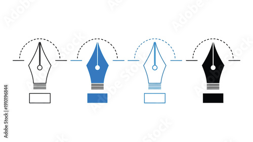 Four different types of fountain pens with varying ink colors and nib designs. isolated on white background, Vector