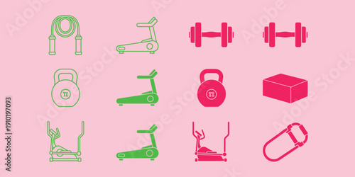 Green and pink gym equipment on pink background fitness exercise machines jump rope dumbbells