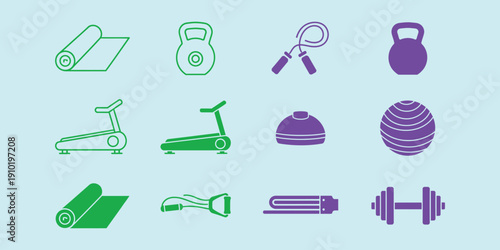 Green and purple fitness on light blue background exercise