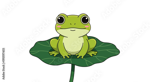 Cute Cartoon Frog Sits Calmly on a Vibrant Green Water Lily Pad