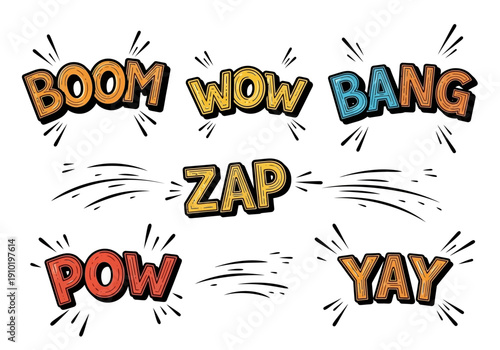 Vibrant Comic Speech Bubbles Explode with Dynamic Energy and Colorful Impact Words in a Graphic Illustration