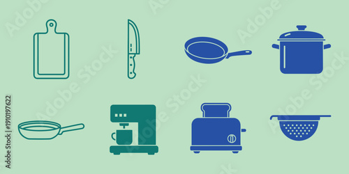 Kitchen cutting board knife frying pan pot saucepan coffee maker toaster colander