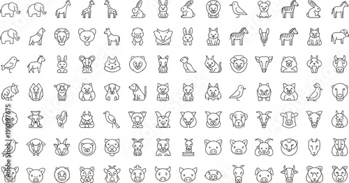 Large collection of cute animal outline icons including farm and wild animals isolated on white background, simple line art vector illustration set