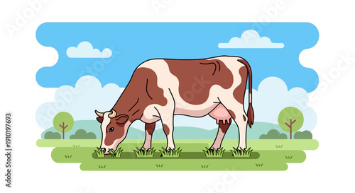 Farm Animal Illustration A Brown and White Cow Grazing in a Green Pasture