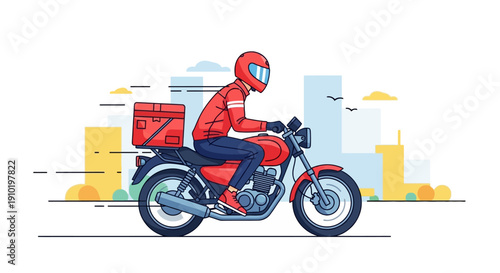 Motorcycle courier delivering a package in a modern city