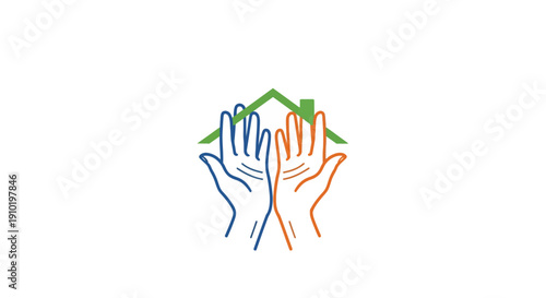 Caring hands forming a protective home, symbolizing community support and housing