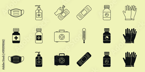 Medical including masks gloves bottles and first aid kit on yellow background medical healthcare symbols