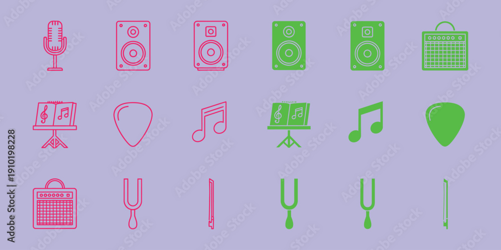Fototapeta premium Music in pink and green on purple background microphone speakers guitar music notes