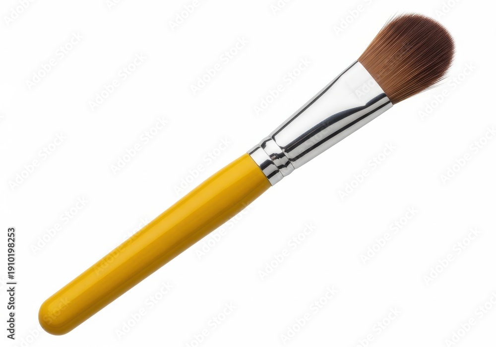 Fototapeta premium Yellow handled cosmetic applicator with brown synthetic bristles is positioned diagonally on a white background.