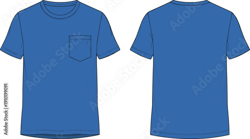 Blue crew neck t-shirt with a single chest pocket shown from front and back views in a clean flat for apparel mockups