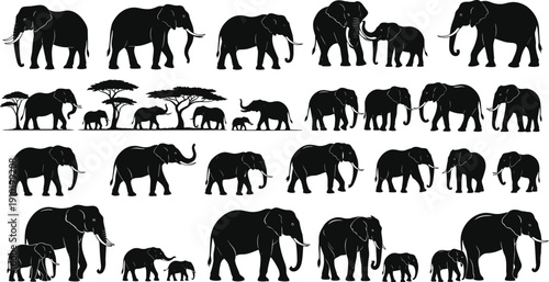 African Elephant Silhouettes Set, Vector Collection of Wild Animals, Mother and Baby Calves, Safari Savanna Trees, Isolated Black Design Elements.