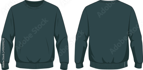 Dark Teal Crew Neck Long Sleeve Sweatshirt Front and Back View Fashion Flat