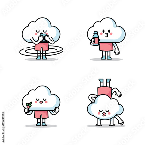 Cartoon cloud characters exercising and having fun in a minimalist style