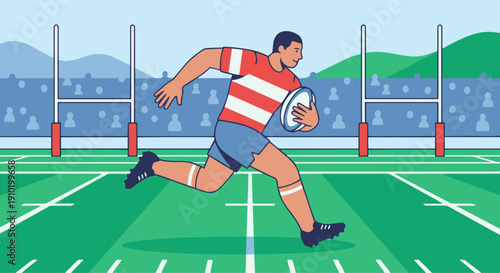 Rugby Player Running with Ball

Flat vector illustration of a rugby player running forward holding a rugby ball tightly. Field lines and goal posts visible. 