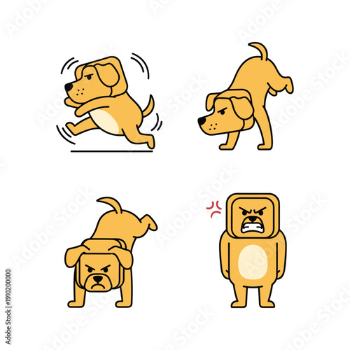 Angry dog cartoon character in various yoga poses with comical expressions