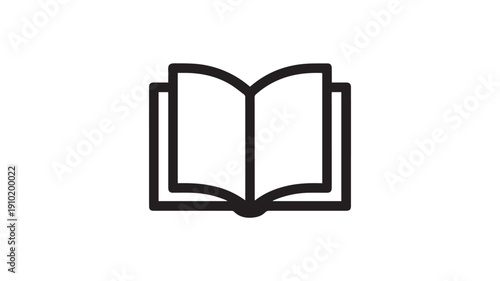 Open book in minimalist line art with simple black outline on white background for education