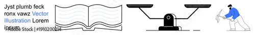 Education, law, equality, industry, expertise, professionalism. Open book, balance scale worker with pickaxe. Education and law s paired with industry icon in a minimal style