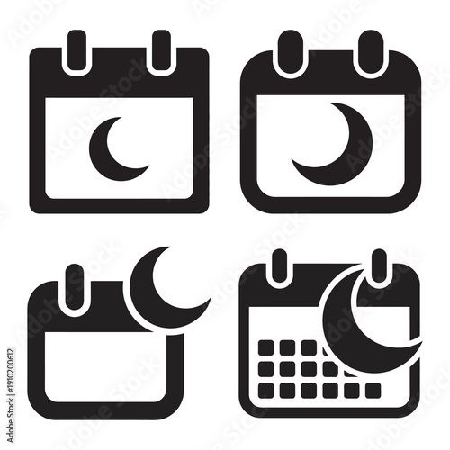 A set of four black and white icons depicting a calendar and a crescent moon, symbolizing night scheduling or sleep tracking.