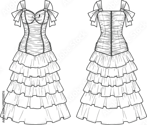 Detailed fashion of a vintage black and white line of a formal evening gown with ruffled tiered skirt and off-the-shoulder bow sleeves