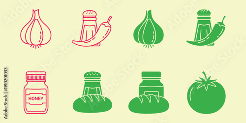Red and green of food ingredients on pale yellow background onion garlic chili pepper salt shaker