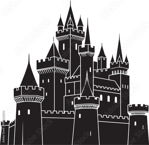 Majestic fantasy castle silhouette illustration, evoking ancient history and fairy tale charm, perfect for design projects needing a royal or medieval touch, isolated on white