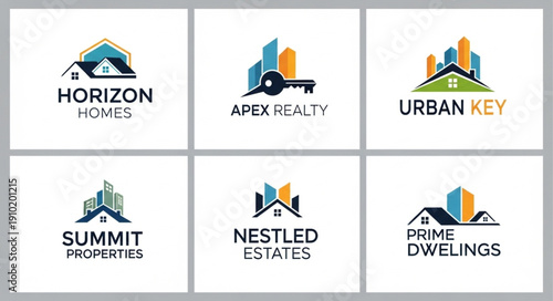 Collection of Real Estate Logos with Houses and Cityscapes.