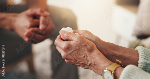 Konstfotografi Hands, tissue and woman in therapy, mental health and sad with consultation for grief in office
