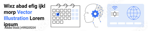 Artificial intelligence, project management, neural networks, global connectivity, technological identity, and data processing. Icons of a calendar, brain with cog and globe on ID. Artificial